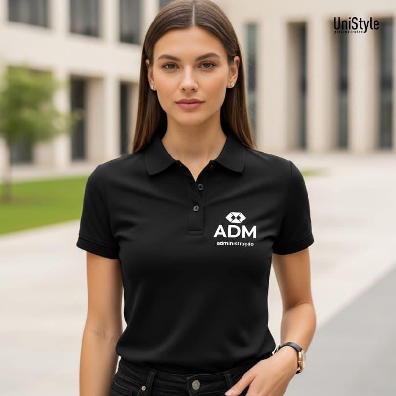Camisa Gola Polo Administração Profissões Abreviação Unissex e Baby Look em Malha Piquet Premium