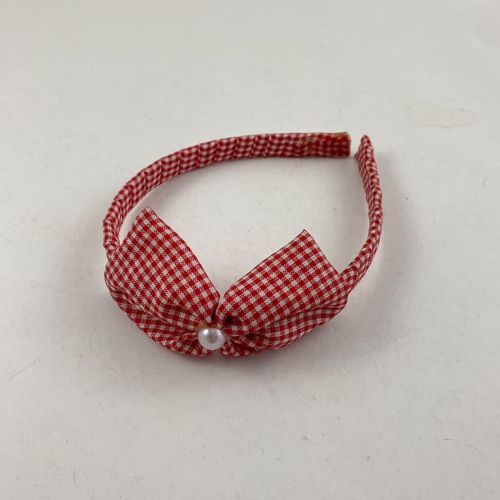 Tiara arco de cabelo infantil com laço em xadrez vermelho e branco