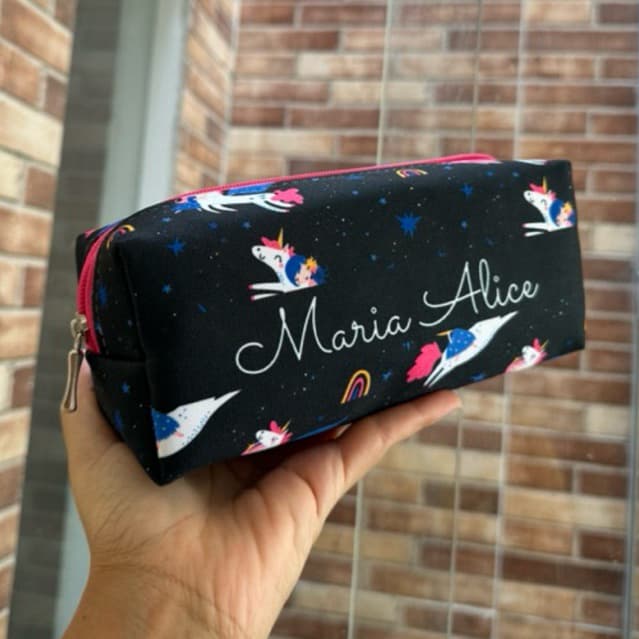Estojo personalizado com nome menina volta as aulas material escolar unicórnio fada sereia arco íris