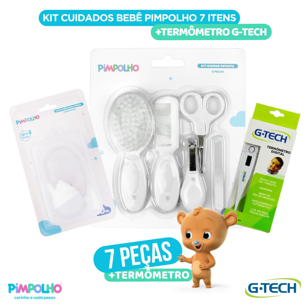 Kit Higiene Bebê 8 Peças com Aspirador Nasal Estojo Pimpolho e Termômetro Digital G-Tech