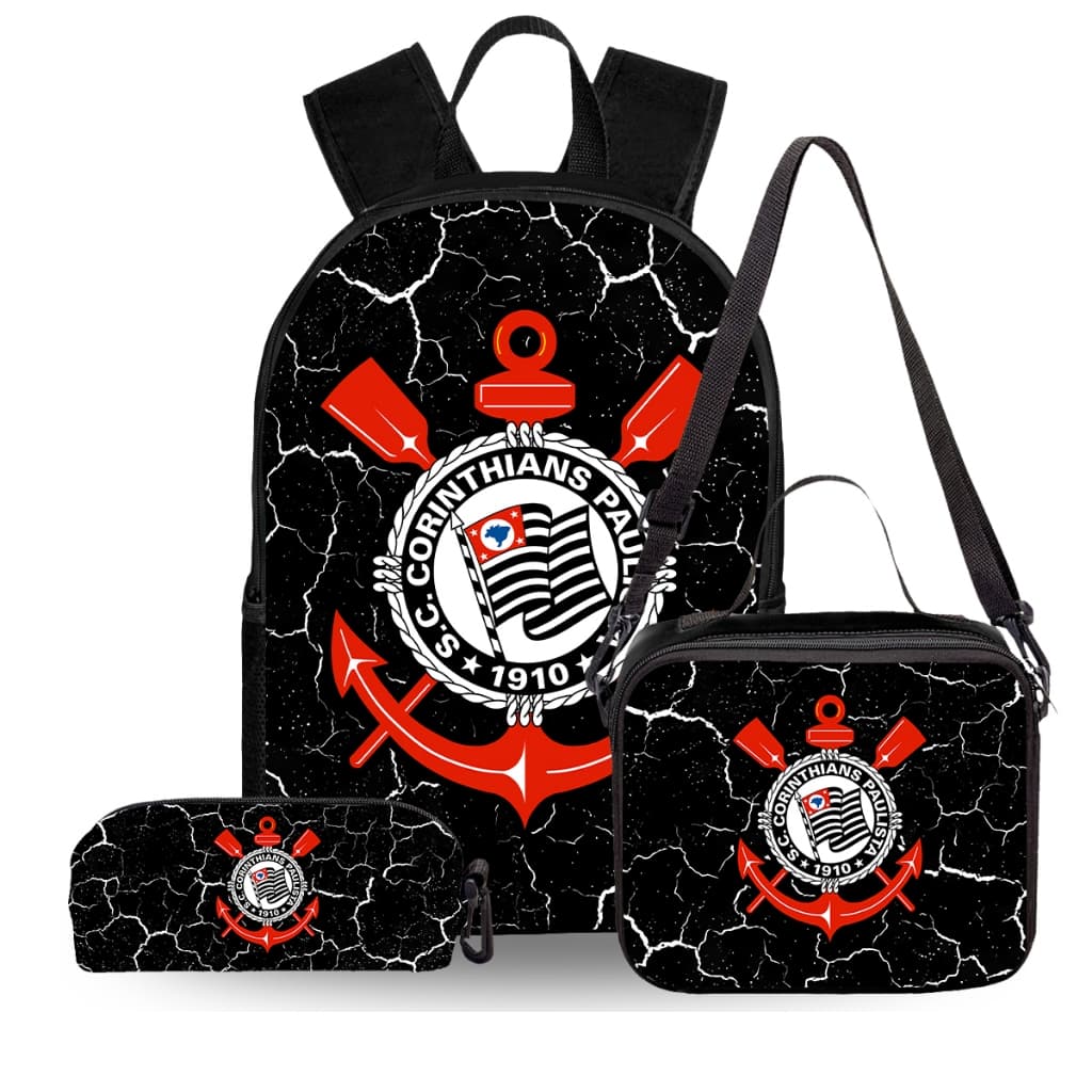 Mochila Escolar Infantil Futebol Brasileirão Times Resistente Bolsos + Estojo e Lancheira Térmica
