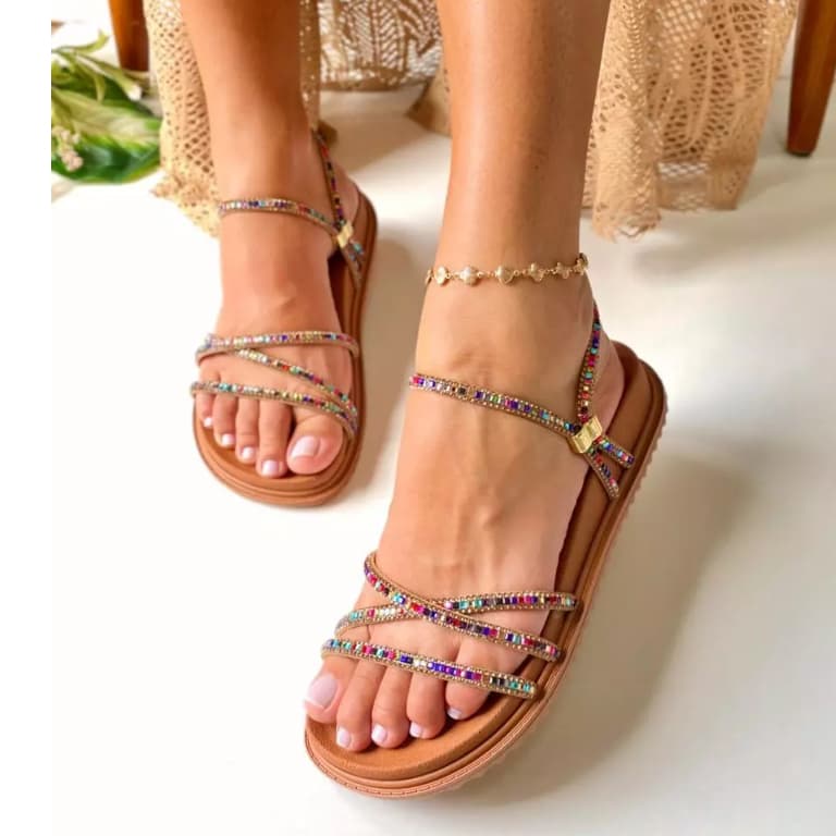 Sandália  BIRKEN Feminina  Design Moderno com Strass, Moda Verão Blogueira, Ideal para Dia a Dia