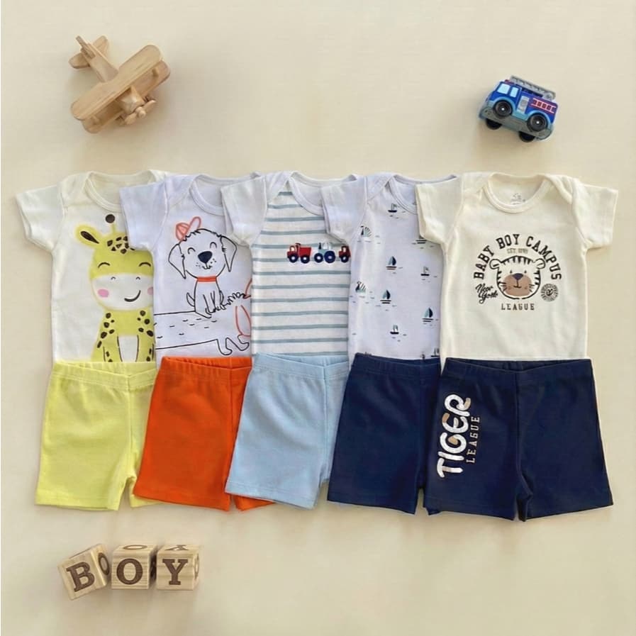 Conjunto Roupa Infantil Bebê Menino (Body + Short) | Suedine 100% Algodão P ao GG