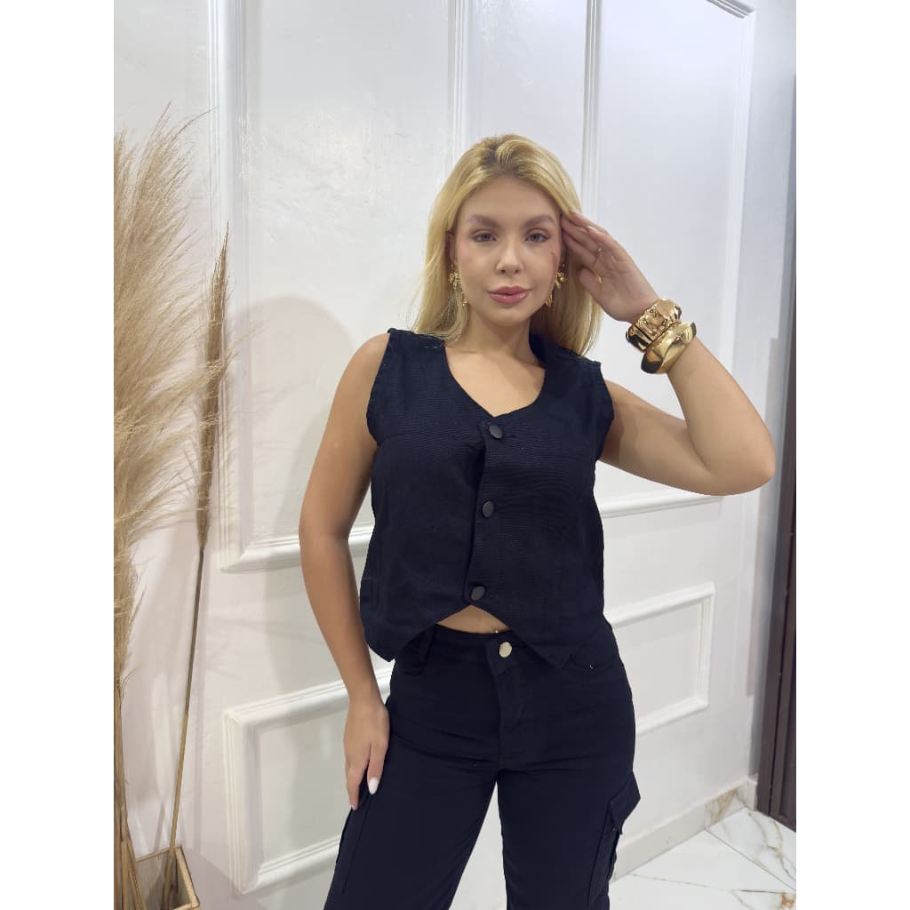 Colete Blusinha Jeans Cropped Com Alças Botões Frontais Feminina