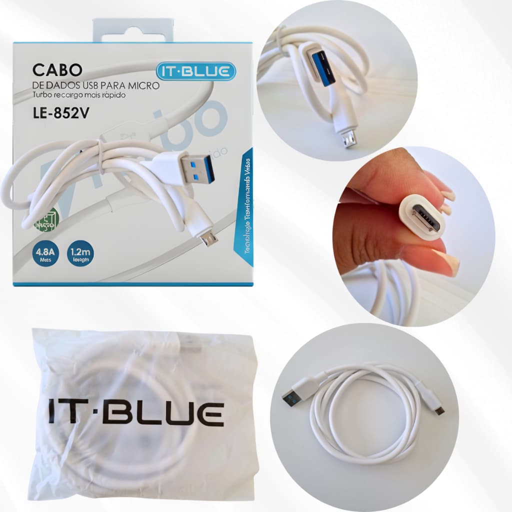 Cabo Micro USB V8 4.8A 1.2m Branco Conexão USB 3.0– Carregamento Rápido Seguro para Celular