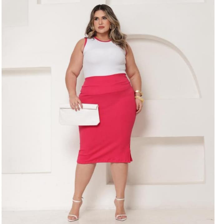 Conjunto Feminino Plus Size Saia Midi e Cropped Regata Canelado