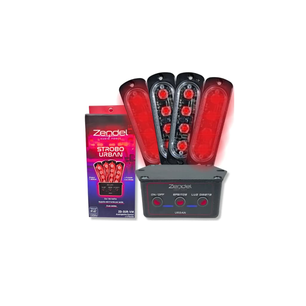 Kit 4 Faróis Strobo Com Central Zendel Urban 12 E 24v Vermel Zd-sur-vm Vermelho