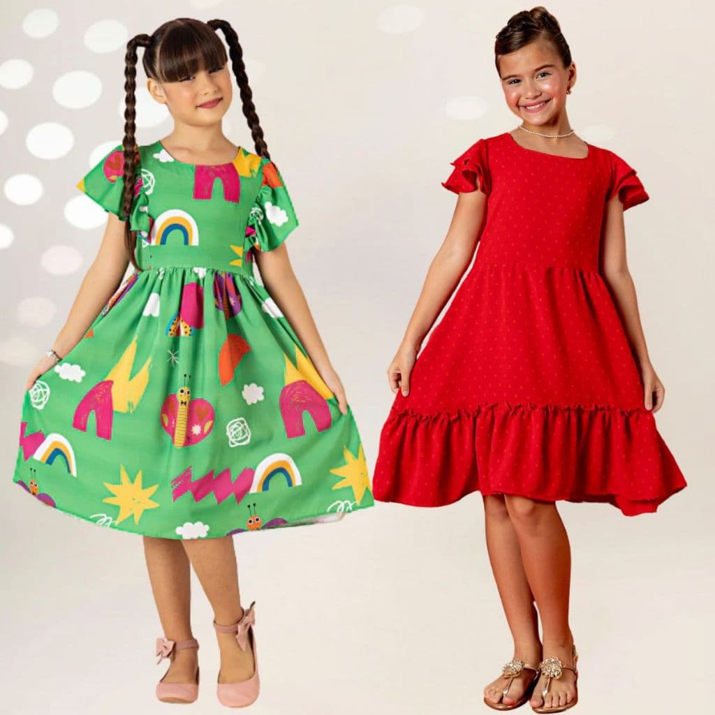 Vestido Feminino Festa Laço Elegante Menina Verde Vermelho Formatura Soltinho Babado Rodadinho