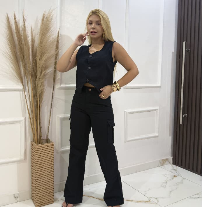 Conjunto Colete Cropped Jeans E Calça Wide Leg Jeans Social