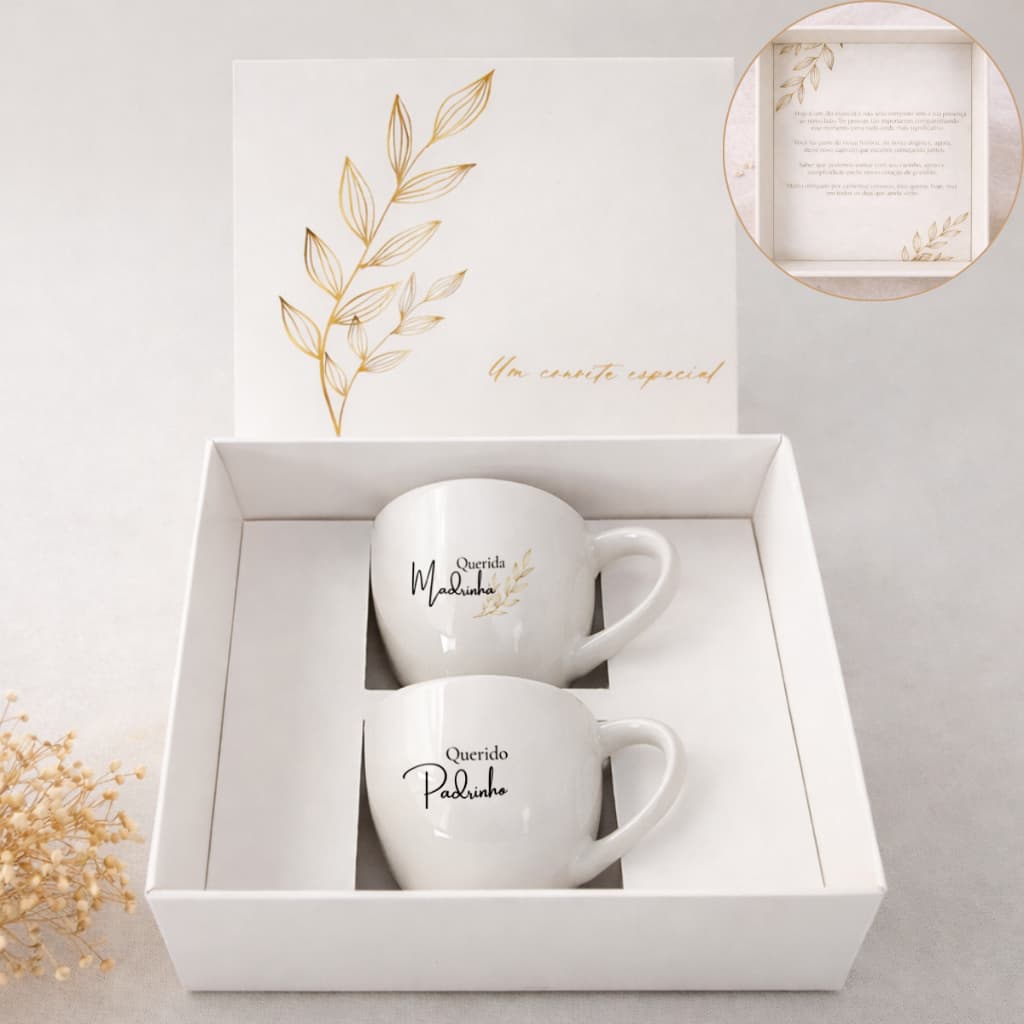 Caixa com Xícara de porcelana para padrinhos de casamento personalizada
