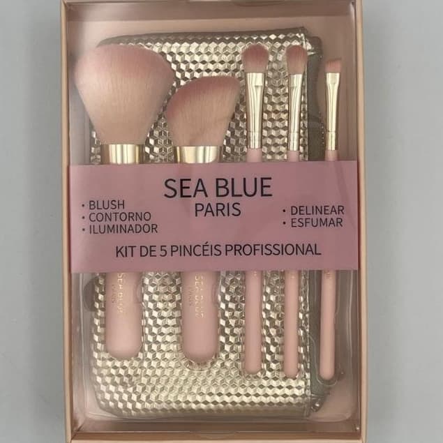kit 5 Pincéis de Maquiagem + Necessaire Dourada – Com Caixa Presenteável