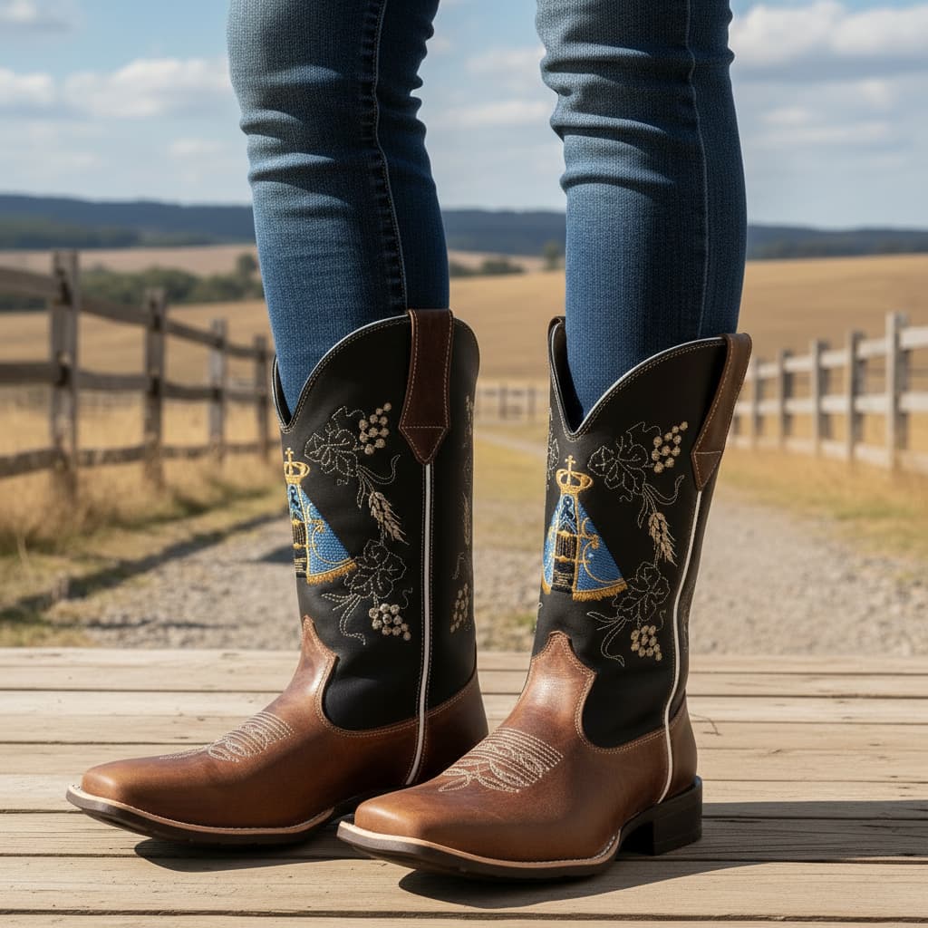 Bota Texana Feminina Couro Legítimo Estilo Country Western Cano Longo Bordado Floral Aparecida