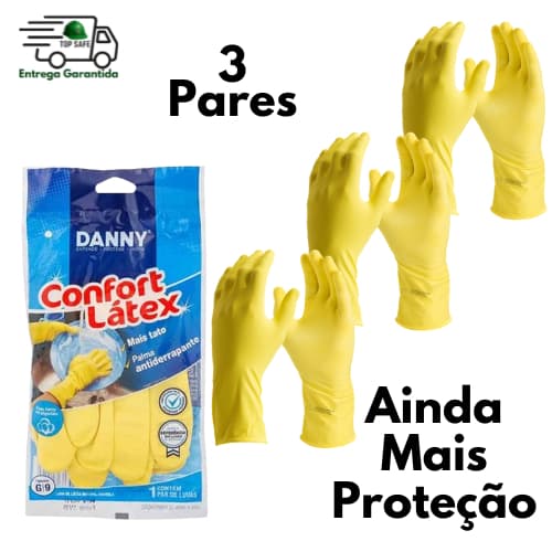 Kit 3 Luvas de limpeza M em látex ALTA QUALIDADE com forro em algodão flocado Confort látex EPI