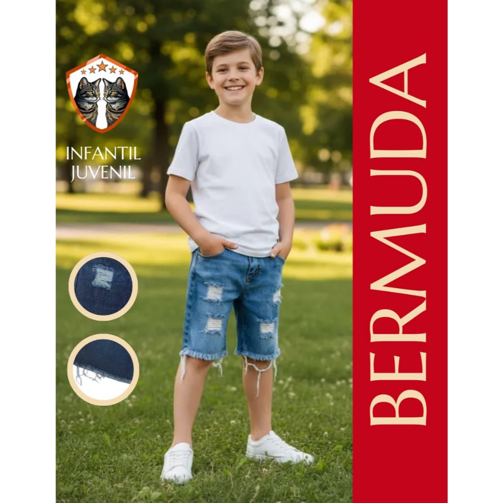 Bermuda Jeans Menino Infantil Juvenil Estilosa Moderna Bonita Rasgada Destroyer Tamanho 2 4 6 8 10 12 14 16