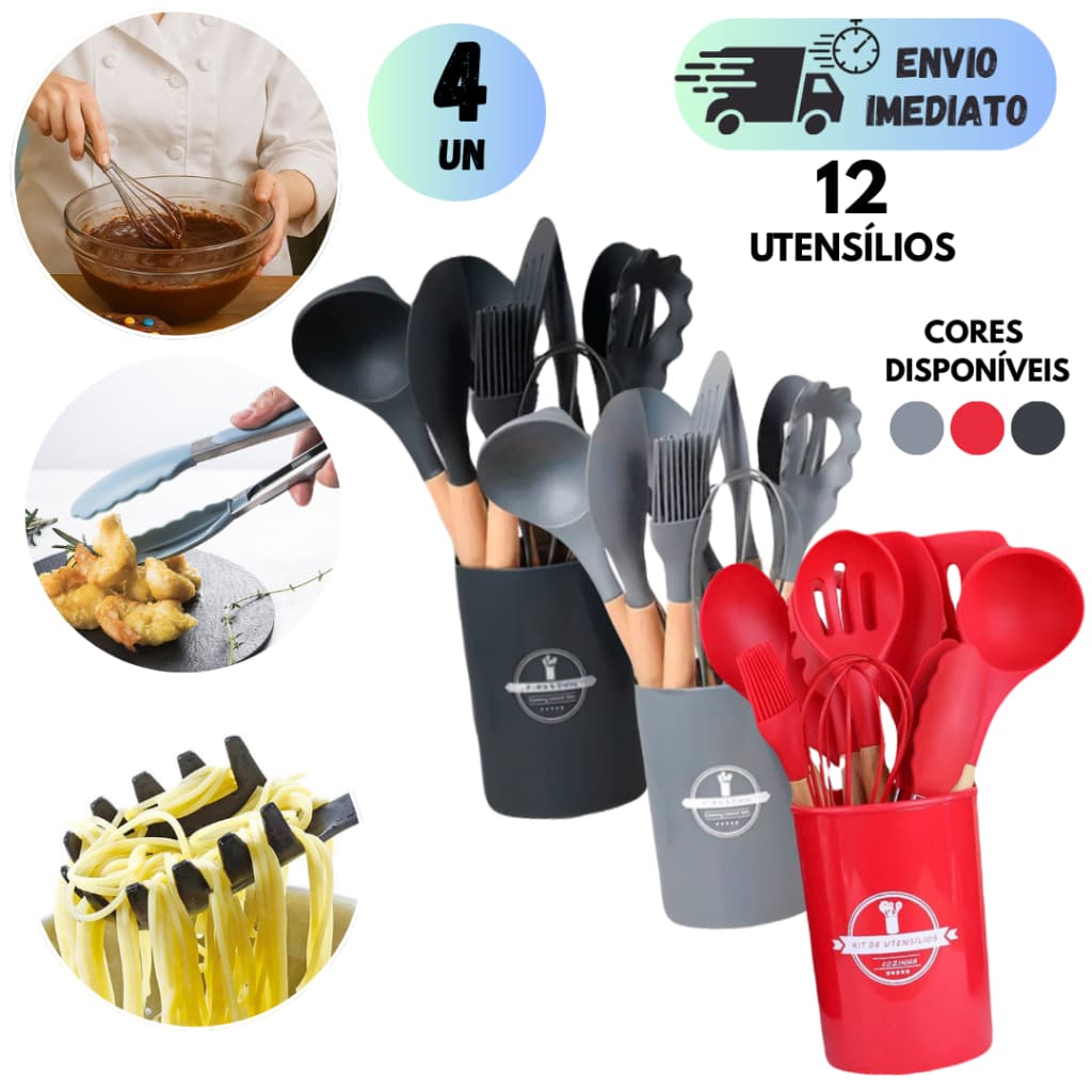KIT 4 JOGO DE UTENSÍLIOS SILICONE PARA COZINHA CABO DE MADEIRA COMPLETO  DE PREMIUM  ANTIADERENTE NÃO RISCA
