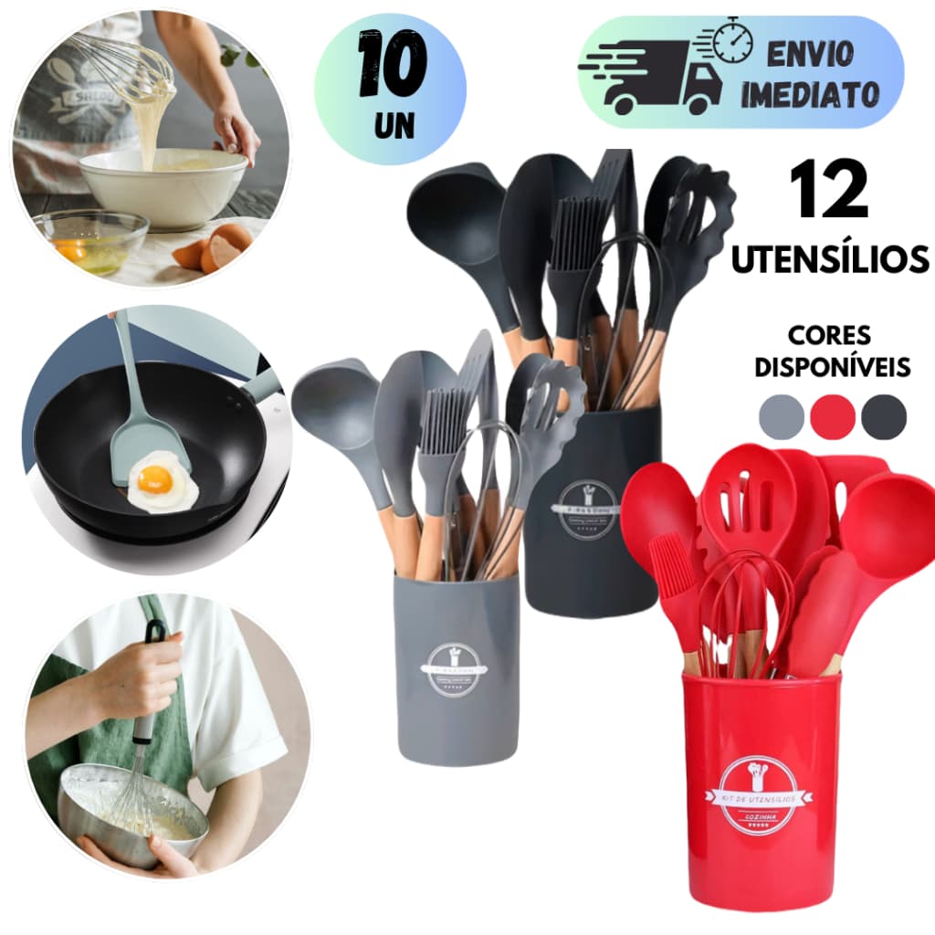 KIT 10 JOGO DE UTENSÍLIOS SILICONE COMPLETO PREMIUM ANTIADERENTE PARA COZINHA CABO DE MADEIRA DE NÃO RISCA