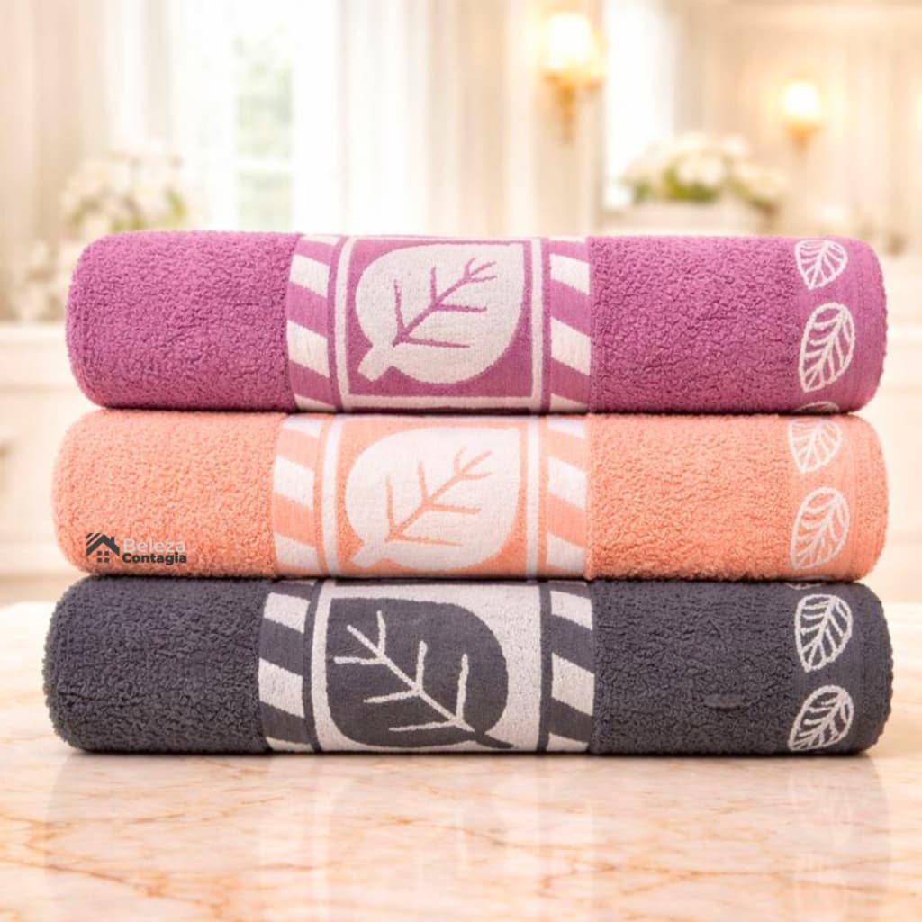 Kit c/3 Toalha de Banho Grande e Bordada Barra Folha Luxo - 100% algodão Alta Absorção