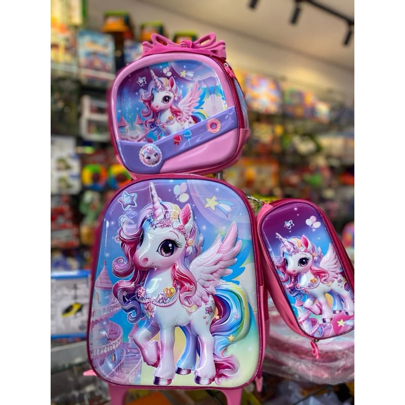 kit mochila escolar unicornio 3D  com rodinhas lancheira térmica e estojo