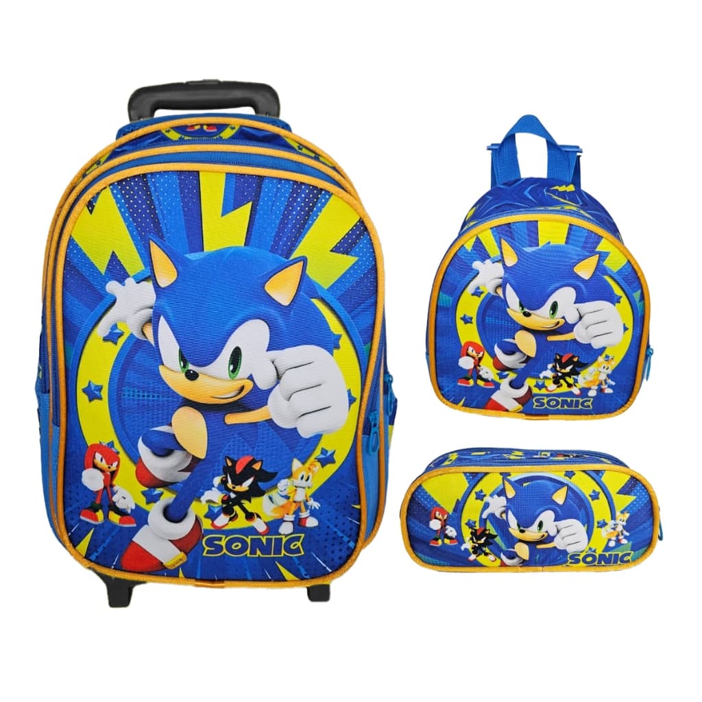 Kit Mochila Escolar Com Rodinha Estojo Lancheira Sonic