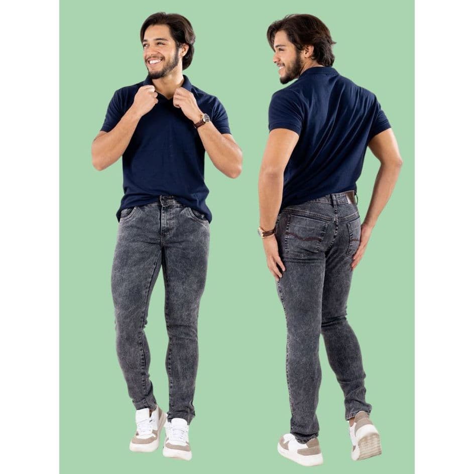 Calça Jeans Masculina Preta Marmorizada Skinny com Elastano Confortável Que Não Desbota e Com Bolsos