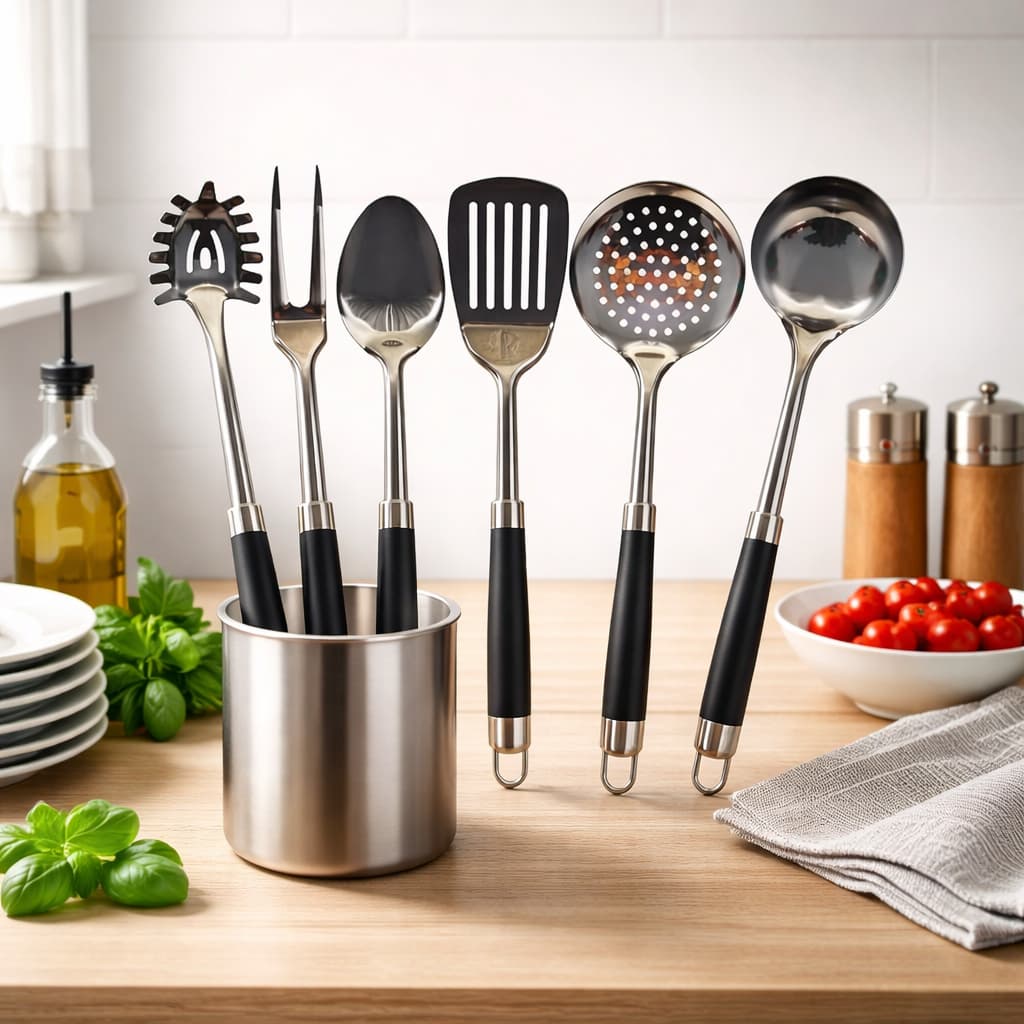 Utensilios de Cozinha Inox Concha Espumadeira Espátula Colher Pegador Macarrão
