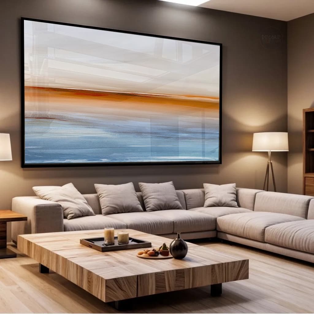 Quadro Decorativo Abstrato Horizonte Minimalista Degradê Suave Azul e Laranja para Sala Hall Tela Canvas