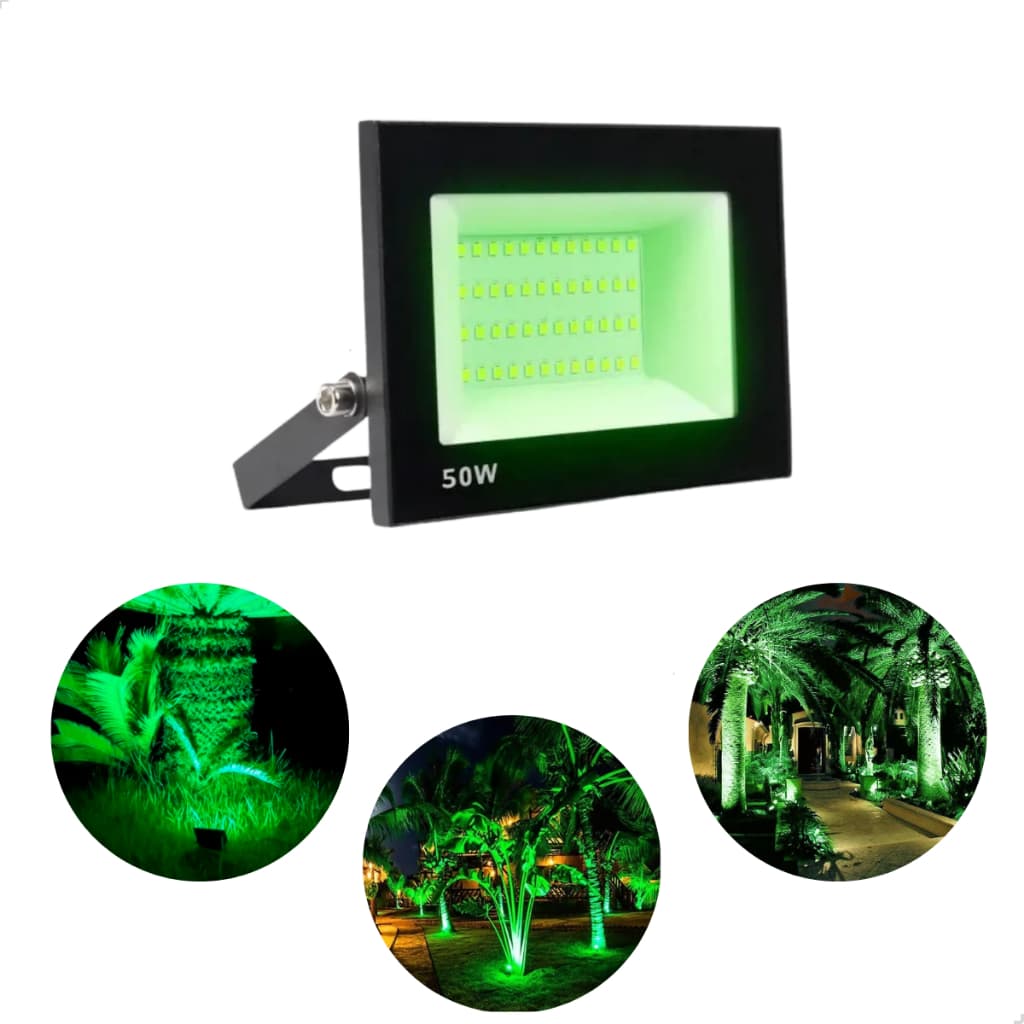 Luminária Refletor Led Holofote Slim Mini Montável 50w Preto Prova D'agua Cor Da Luz Verde