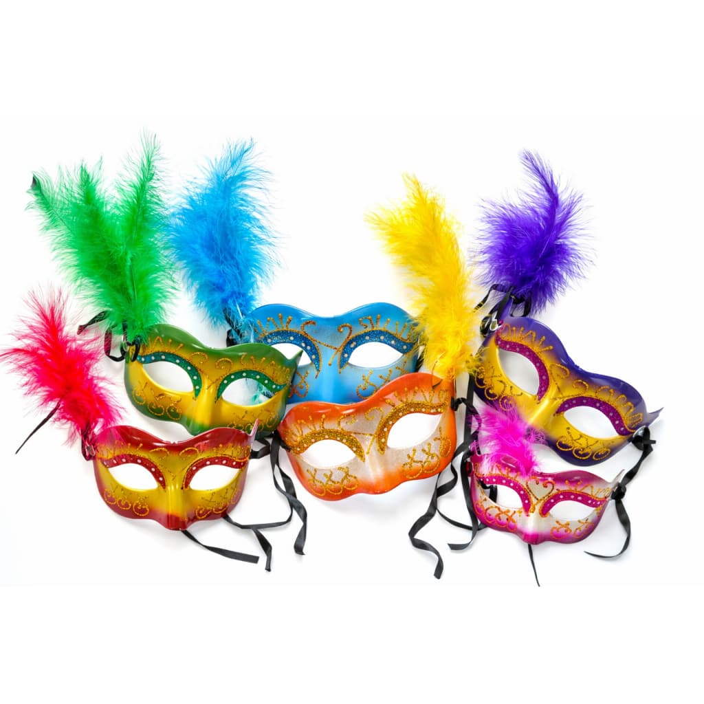 Kit com 6 Máscaras Veneziana Luxo Pena Colorida Premium Ideal Carnaval Baile Festa Temáticas Eventos