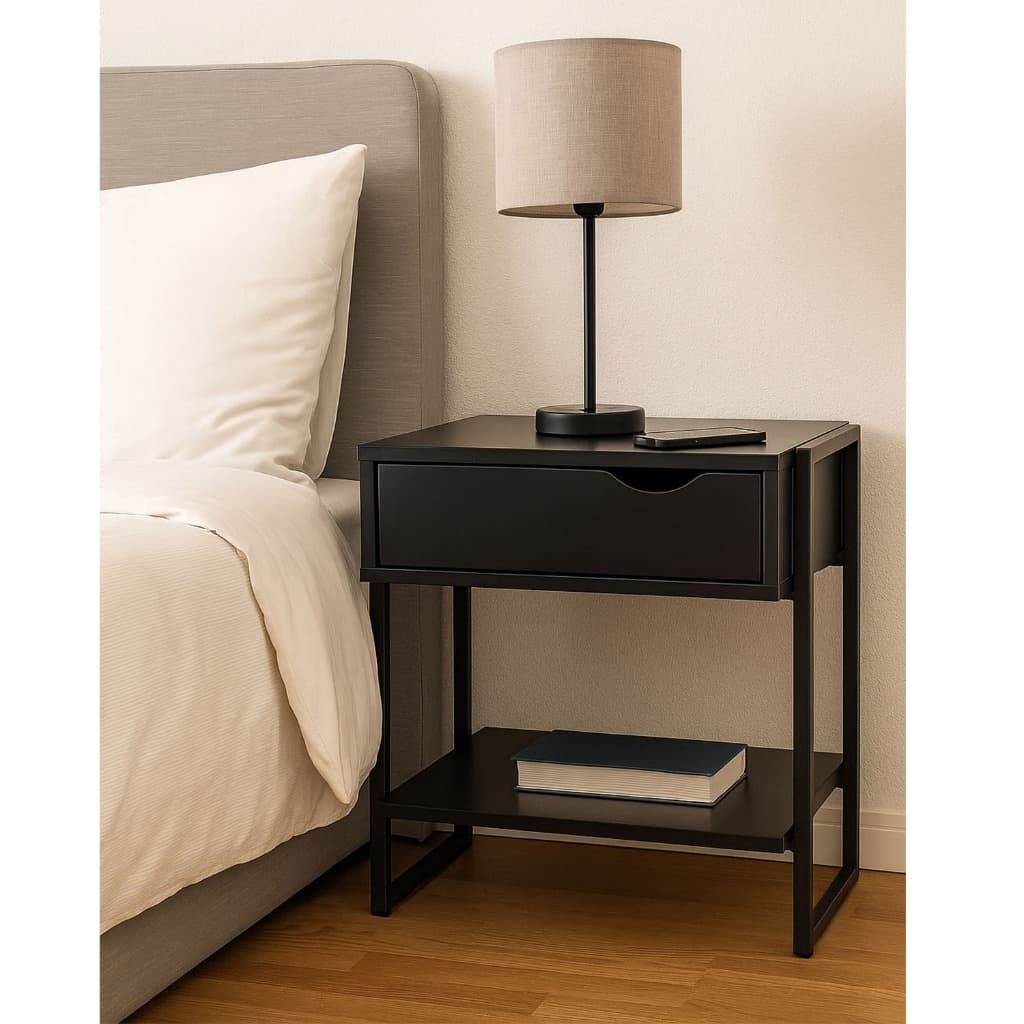 Mesa Cabeceira c/ 1 Gaveta Preta Conjunto em MDF Laqueado