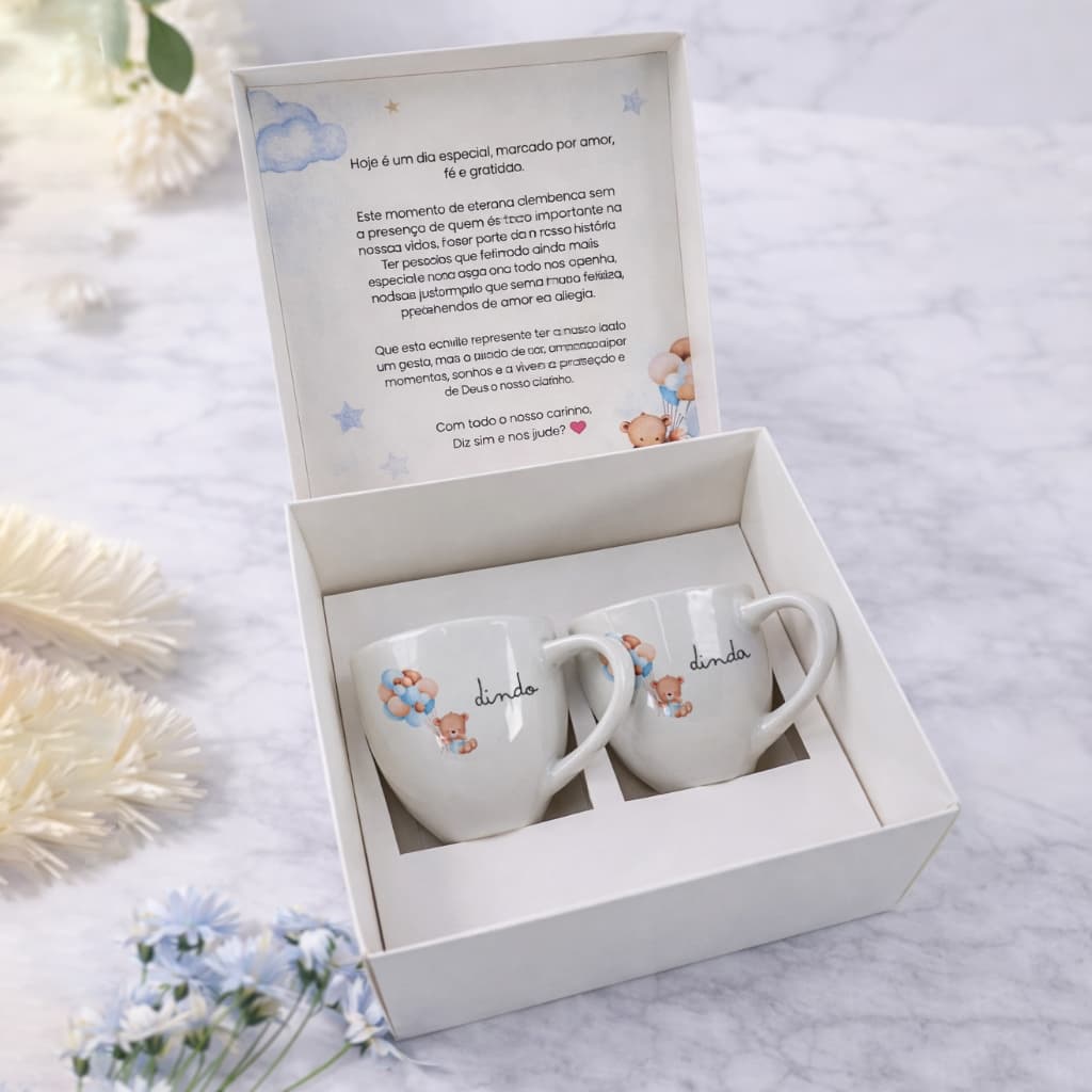 Caixa com Xícara de porcelana para padrinhos de casamento / batizado personalizada