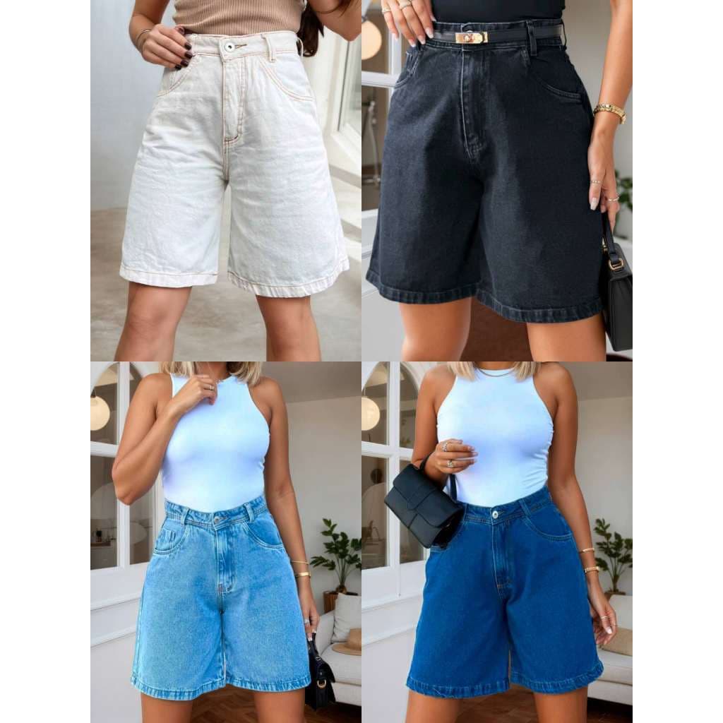 Short Bermuda Jeans Feminina Cor Lisa Sem Rasgo Com Bolsa Moda Evangélica