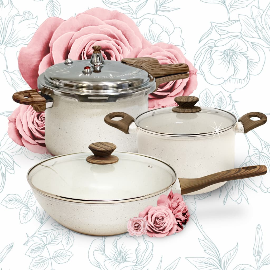 Panela de Pressão Cerâmica Reforçada Mimo Style Indução + Wok Grande + Caldeirão 3PC