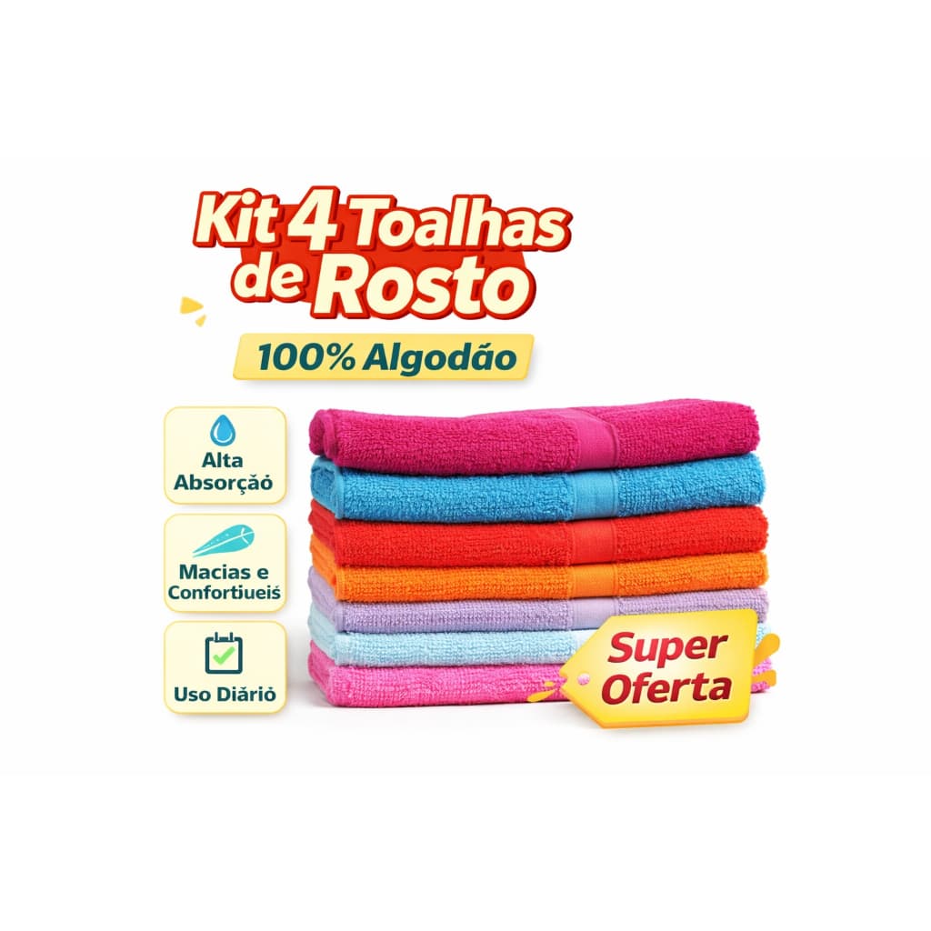 Kit 4 Toalhas de Rosto 40x80cm 100% Algodão | Macias, Absorventes e Uso Diário