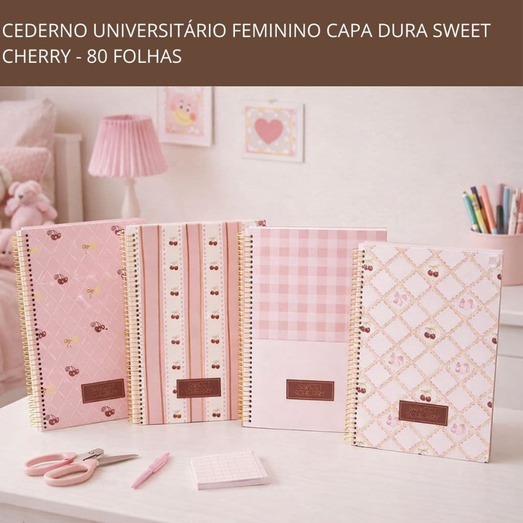 Caderno Espiral Universitário Feminino Grande Capa Dura 1 Materia Sweet Cherry – 80 folhas Sortido