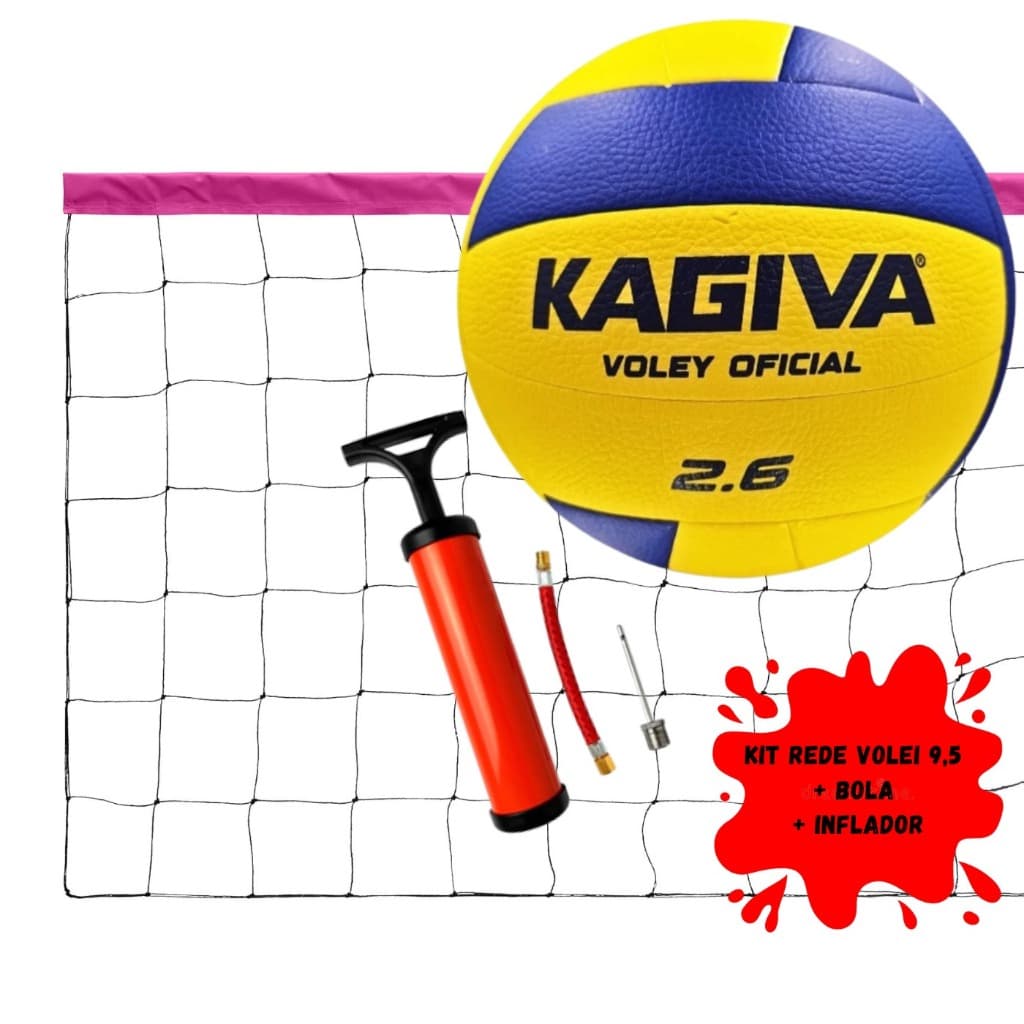 Kit Bola de Vôlei Kagiva 2.6 + Rede de 9,5 metros + Inflador de Bola