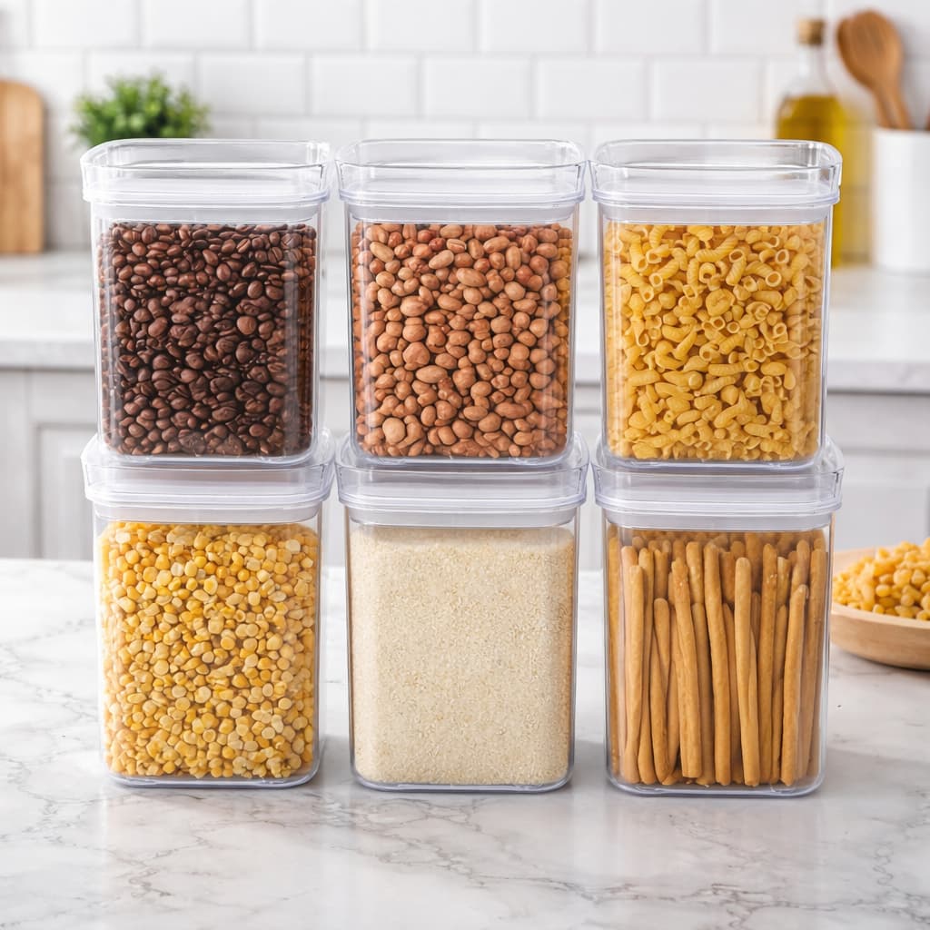 Conjunto 6 Potes Herméticos 800 ml Acrílico Cristal BPA Free Empilháveis Organizadores Para Mantimento