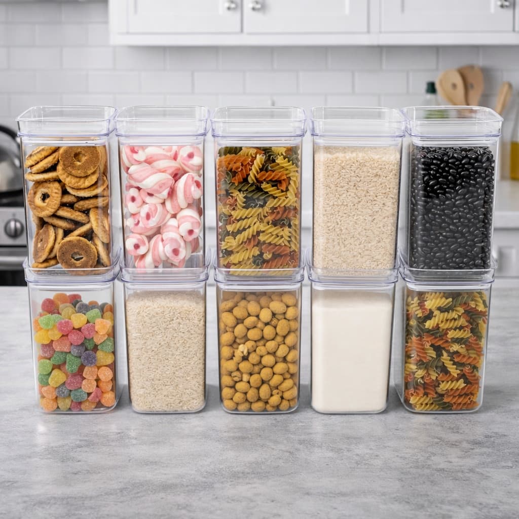 Kit 10 Potes 1,2 Litros Acrílico Cristal Organizadores Empilháveis Para Mantimentos Livre De BPA