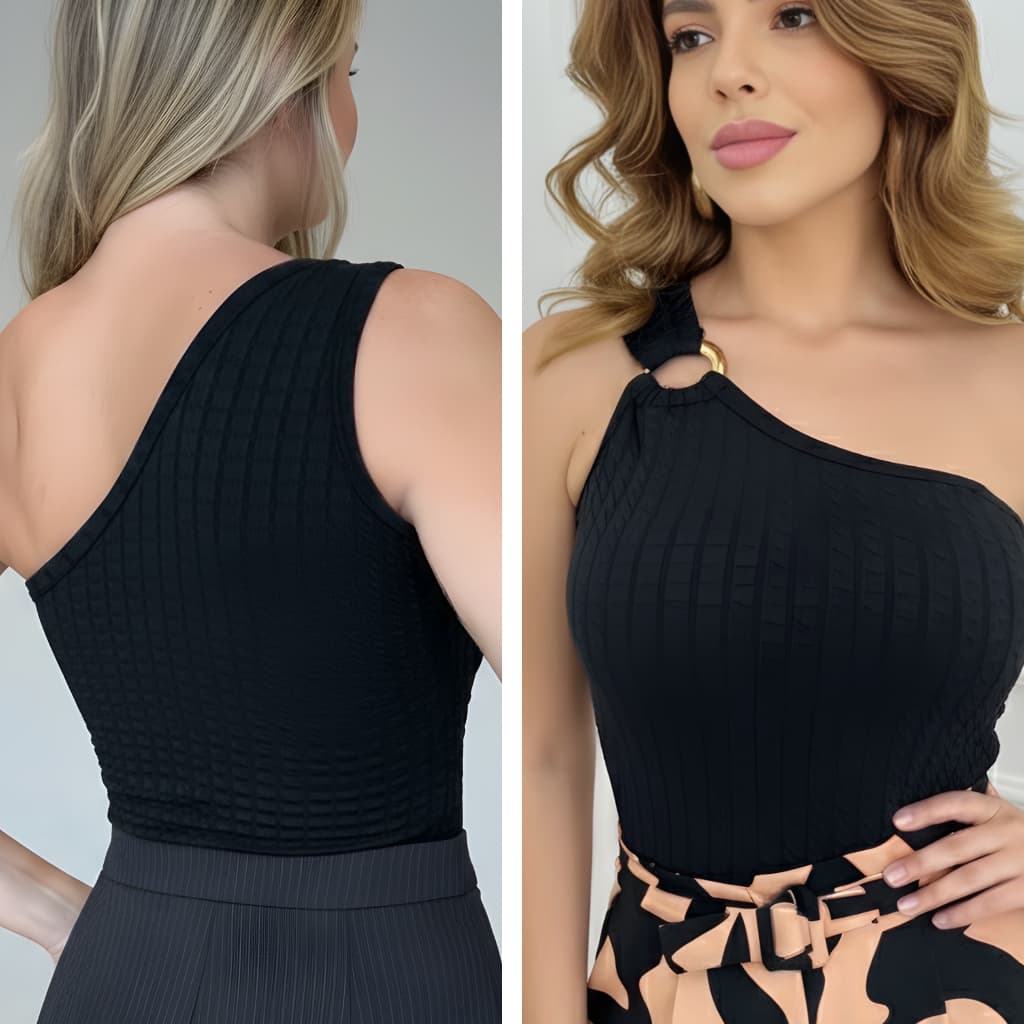 Body Feminino Canelado Verde Bebê Um Ombro Só com Argola Moda Casual Elegante