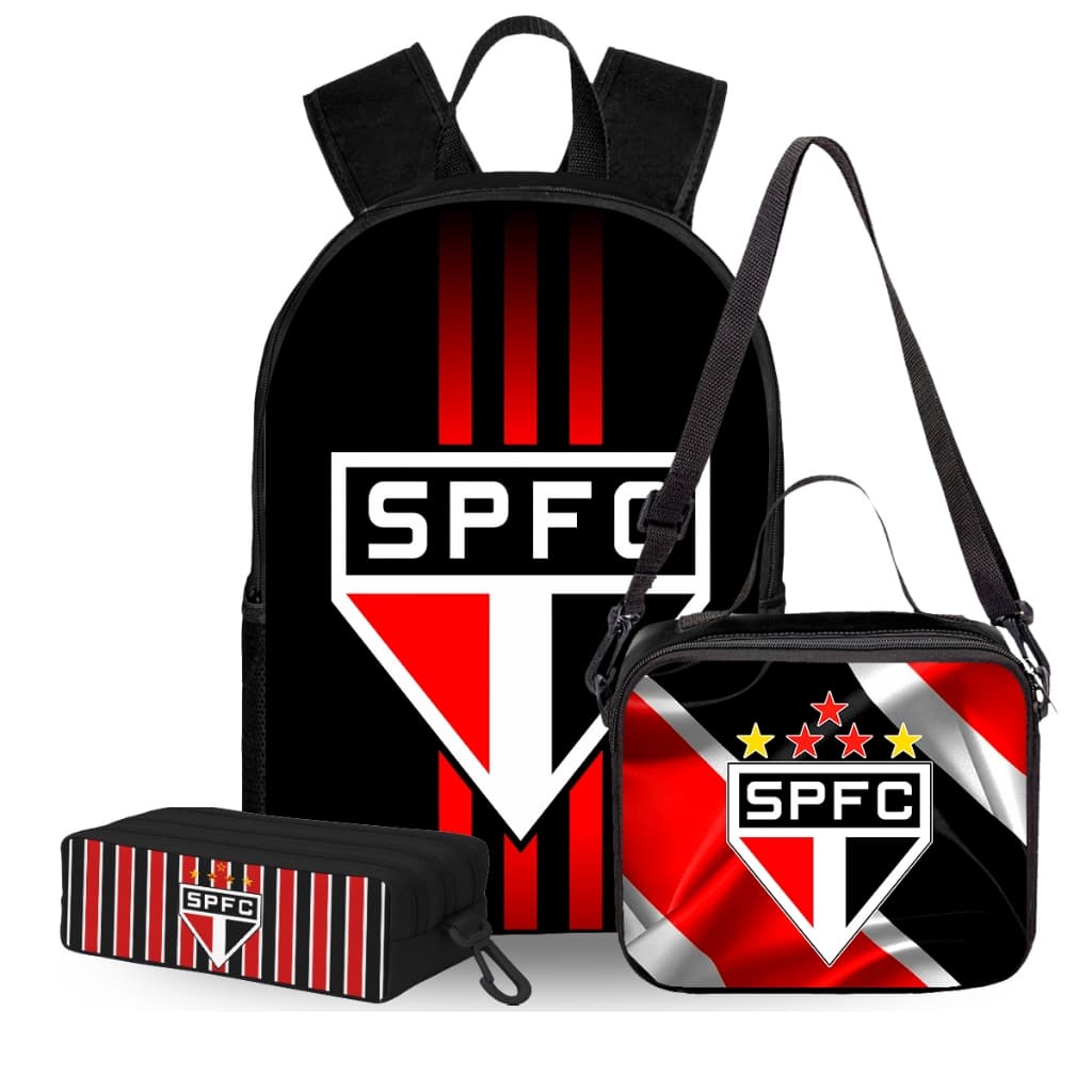Kit Mochila Media  Estojo Lancheira Termica São Paulo Bolsa Escolar Infantil Estampas Resistente Versatil Dia a Dia