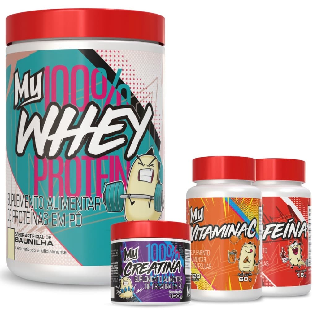 Kit My 100% Whey Protein 900g + Vitamina C 120 Caps. + Creatina 150g + Cafeína 60 caps