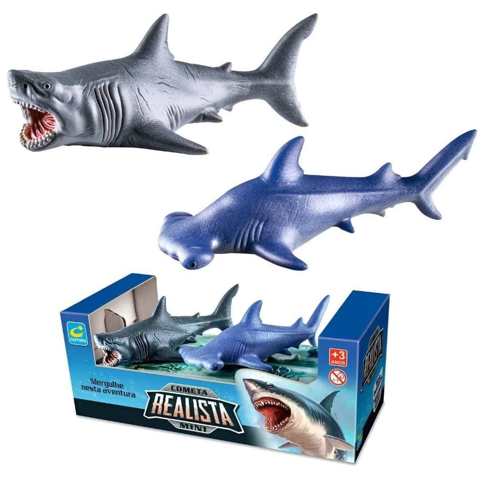 Kit 02 Brinquedos Tubarões Realistas Martelo e Branco 15cm Animais Em Vinil - Cometa -