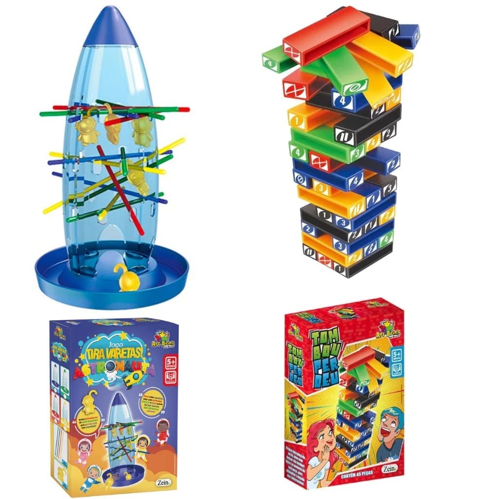 kit Com 2 Jogos(Tombou Perdeu Torre Empilha Blocos + Jogo Tira Varetas Cai Astronautas)