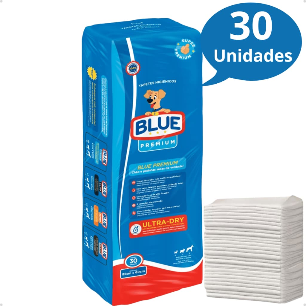 Tapete Higiênico Premium para Cachorro Ultra Absorvente Blue 82 x 60 cm 30 Unidades