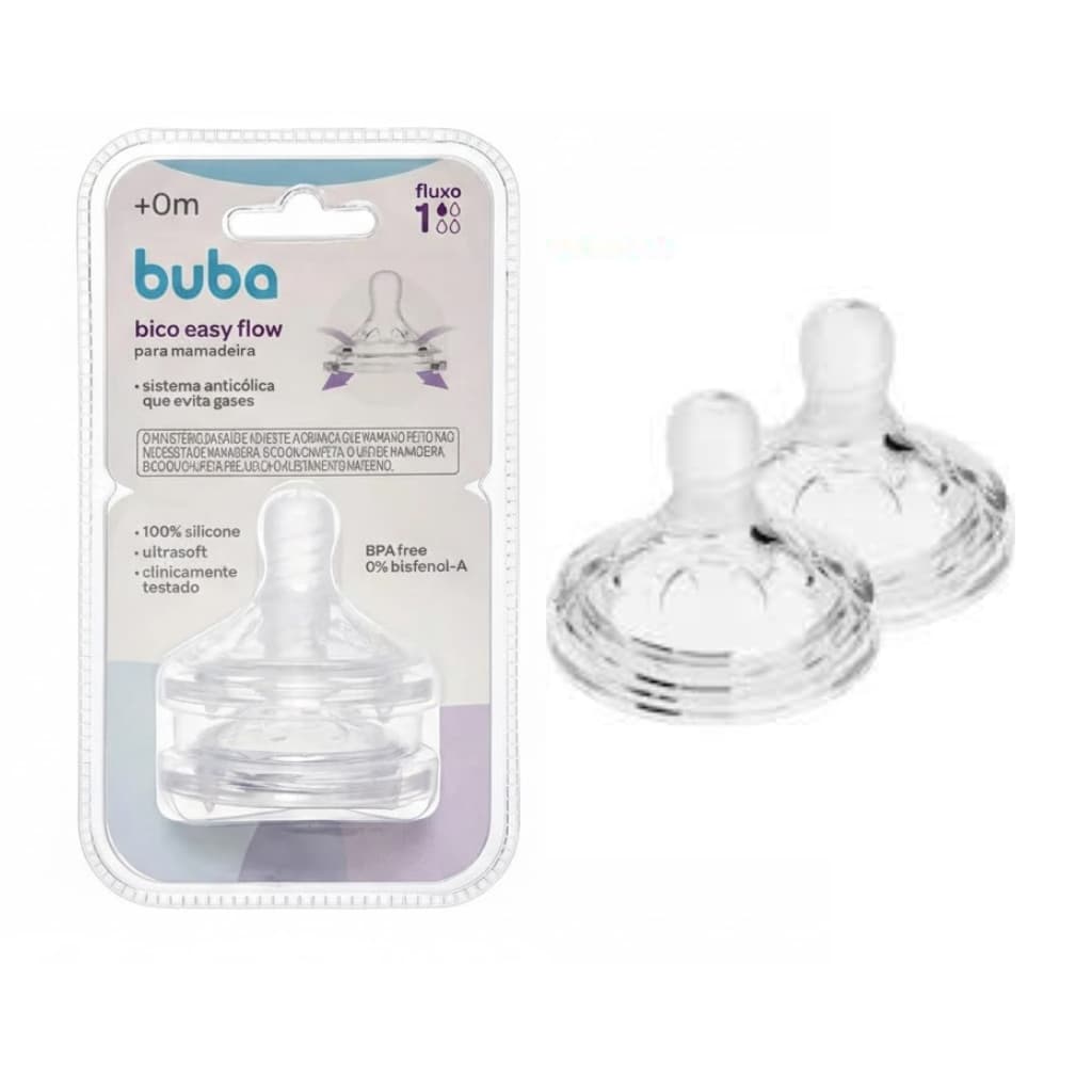 Kit 2 Bicos Mamadeira Buba Easy Flow Anticólica Fluxo 1 +0m Silicone BPA Free