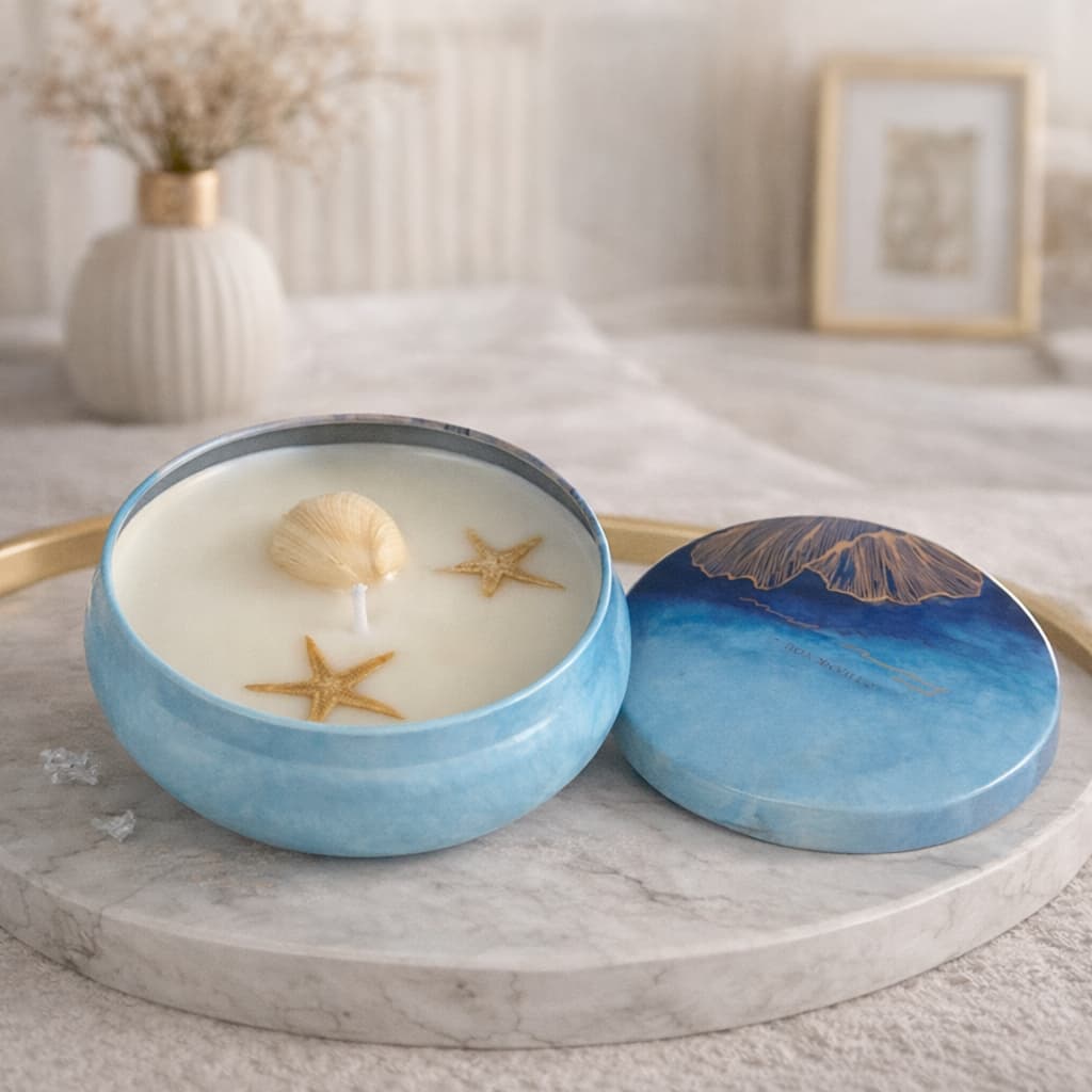 Vela Aromática 90g Decorativa Lata Marmorizada Presente Lembrancinha - Pêssego Brisa Tropical Flores Brisa do Mar
