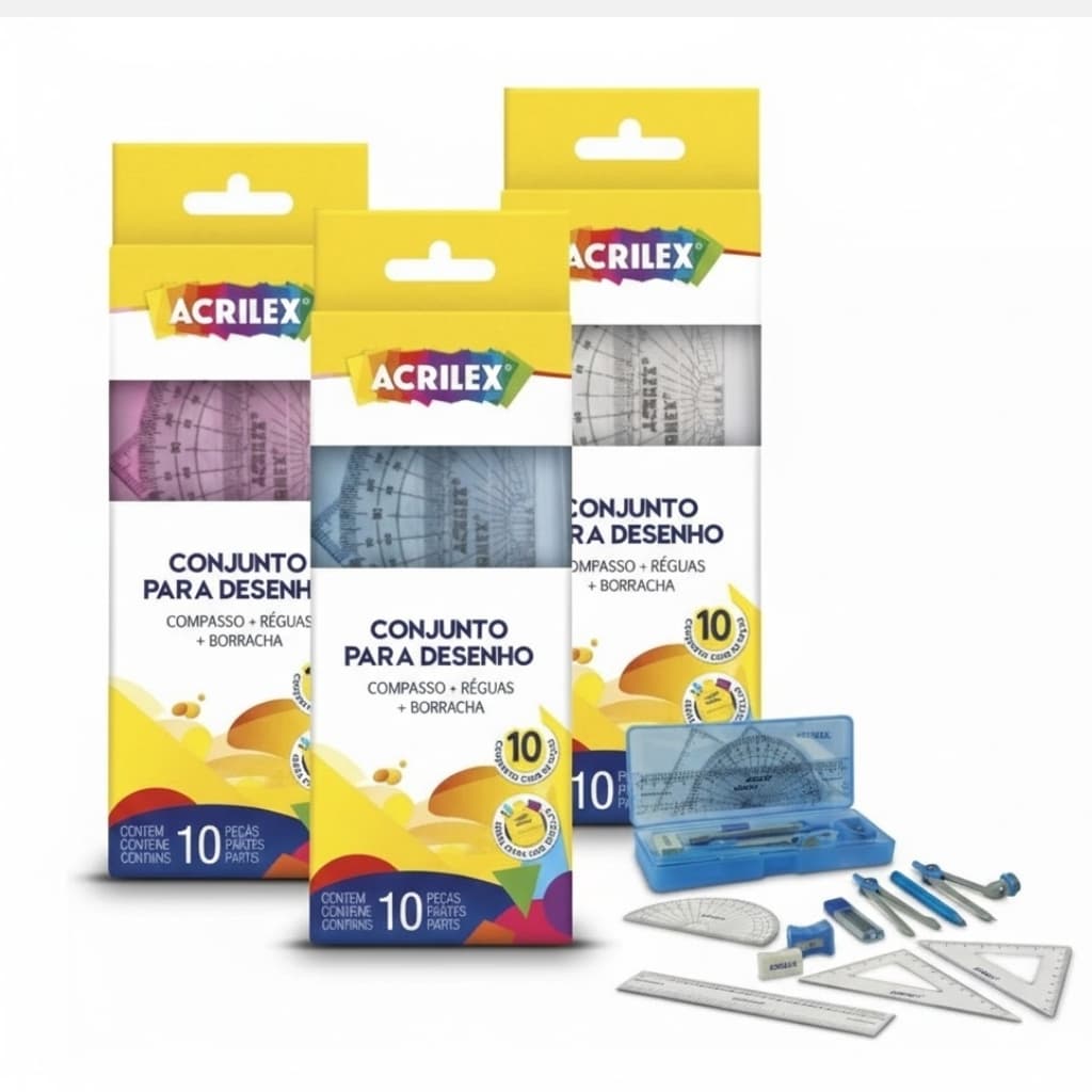 Kit Geométrico Para Desenho Acrilex Conjunto Geométrico Compasso + Réguas + Borracha + estojo