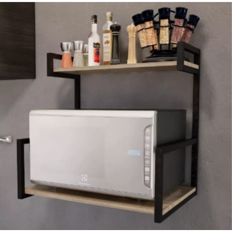 Suporte para Microondas De Parede modelo industrial Pintura eletrostática e Madeira Pinus Para Cozinhas e Áreas Gourmet