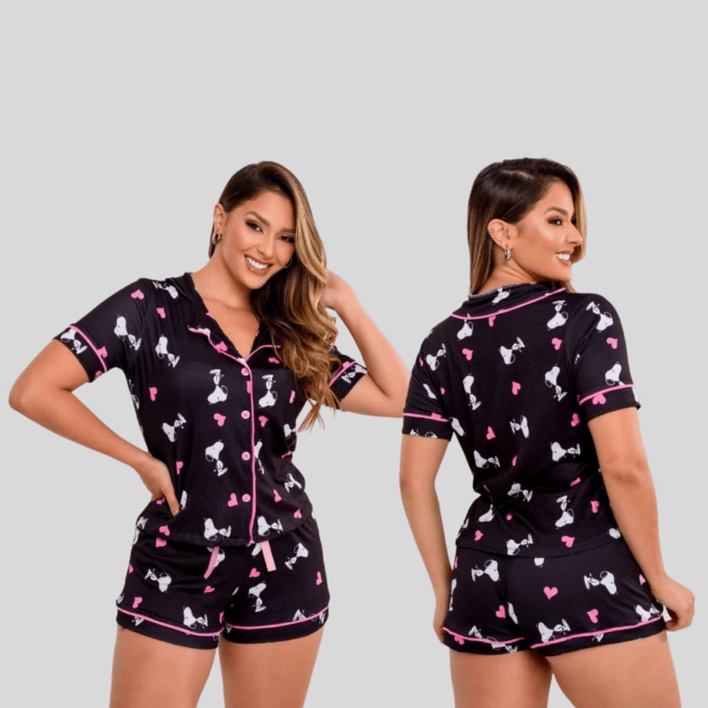Pijama Homewear Snoopy Curto de Botão Aberto Frente Ideal Pós Cirúrgico