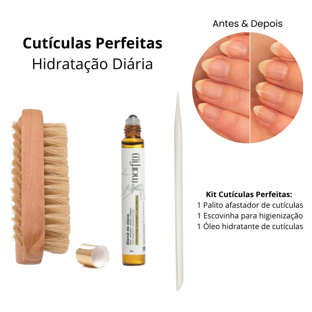 Kit Óleo Hidratante, Palito de Unha e Escovinha | Cutículas Saudáveis e Unhas Fortes