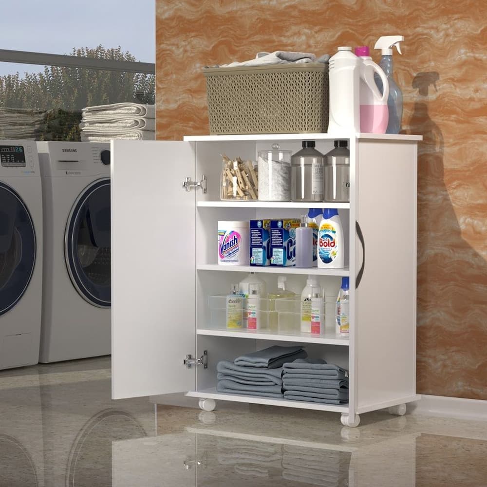 Armário Balcão 5 Prateleiras Branco Com Rodinhas porta duplas